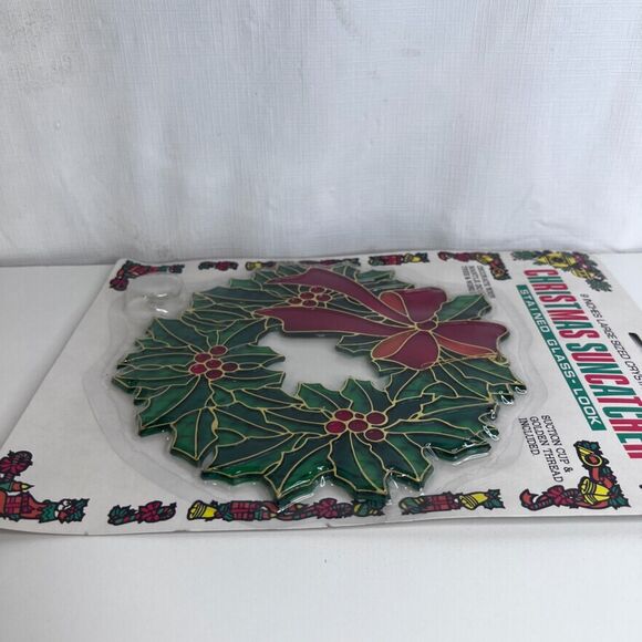 Christmas Suncatcher NOS 9" Large Sized Crystalline Stained Glass Look Wreath - Picture 8 of 8